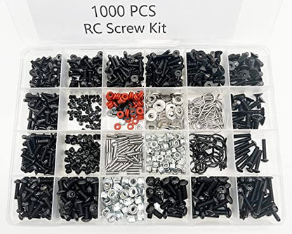 1000pcs Universal RC Screw Kit Screws Assortment Set, Hardware Fasteners for Traxxas Axial Redcat HPI Arrma SCX10 Losi 1/8 1/10 1/12 1/16 Scale RC Cars Trucks Crawler, RC Screw Kit, Body Clips Pins