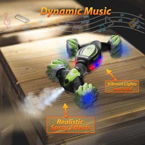Contixo SC1 Large 1:12 Gesture Control RC Stunt Car for Kids, 4WD Remote Control Car with Hand Motion Sensor, Double-Sided Driving, 360° Rotating Flips, LED Lights, All Terrain RC Car for Boys, Green