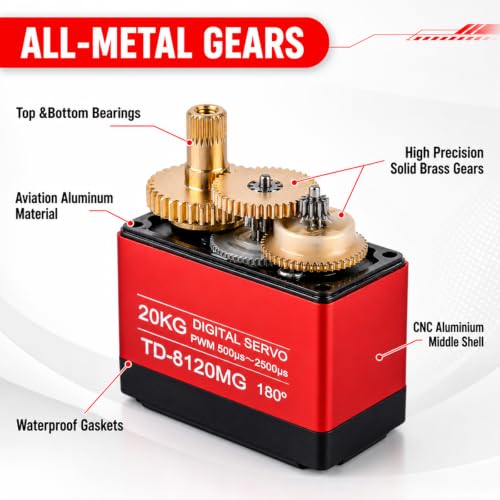 2-Pack TD-8120MG 20kg High Torque 180° Servo Motor | High Torque Full Metal Gear 180 Degree Servo Motor with 25T Metal Servo Arm for 1/8 1/10 Scale RC Car Truck Robot DIY