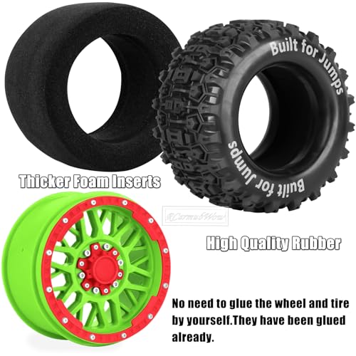 1/8 1/10 17mm Hex RC Truck Tires,Wheels and Tires for 1/10 E-Revo T-Maxx Summit,1/8 Kraton Outcast 6S,Sledge,Buggy Rubber Tyres and Rims w/Foam Insert for RC Off-Road Car,Green-Red - color: Green&red(4pcs)
