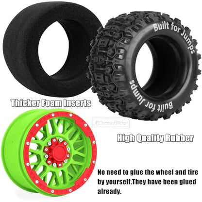 1/8 1/10 17mm Hex RC Truck Tires,Wheels and Tires for 1/10 E-Revo T-Maxx Summit,1/8 Kraton Outcast 6S,Sledge,Buggy Rubber Tyres and Rims w/Foam Insert for RC Off-Road Car,Green-Red - color: Green&red(4pcs)