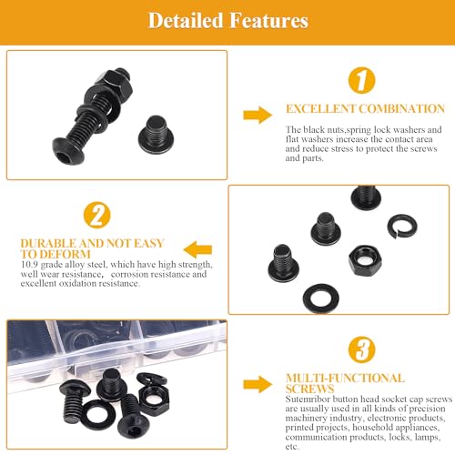 151 Pieces M6 Screws Nuts Washers Set Black, Sutemribor M6 x 8/10/12/16/20/25/30mm Button Head Socket Cap Screws Nuts Washers Assortment Kit, 10.9 Grade Alloy Steel, Fully Threaded - size: M6, style: Button Head Socket Cap