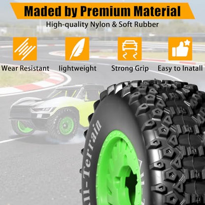 1/10 RC Short Course Truck Wheel Tires Set- 12mm/17mm Hex, Green | All-Terrain Tires and Nylon Wheels Compatible with 1/10 Traxxas Slash 4WD 2WD Arrma Senton Axial Losi Redcat RC Buggy, 4-Pack - color: Green