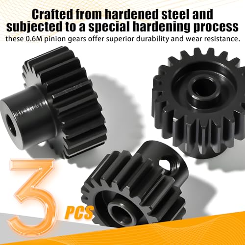 3PCS 0.6M Hardened Steel Pinion Gear Set with 3.175mm Shaft, 0.6 Metric Pitch 20T 21T 22T Pinion Gears for 540 550 Brushed Brushless Motor, Compatible with 1/10 Tamiya Redcat HSP HPI RC Car - size: 20 21 22T