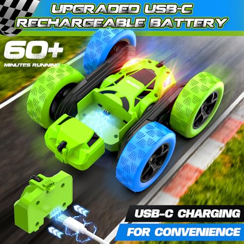 cosone Blue Green RC Car for Kids | Rechargeable Remote Control, 360° Rotation Stunt Car, Double-Sided Driving, LED Lights, 2.4GHz Off Road - color: Blue&green Pro