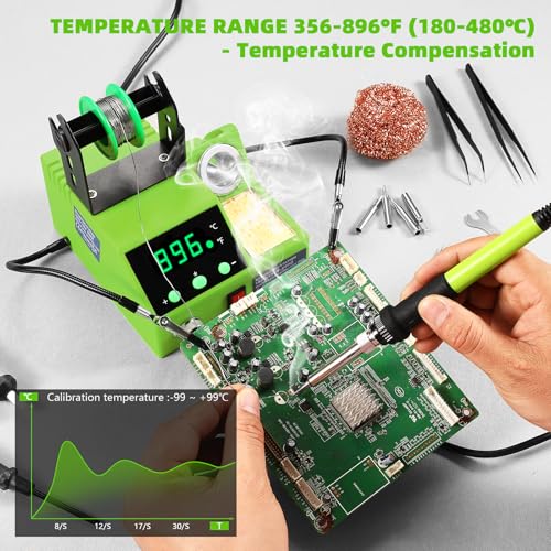 Soldering Station, 100W Digital Display Soldering Iron Station Kit with 2 Helping Hands, 356°F - 896°F, Auto Sleep, °C/°F Conversion, Solder Wire, Tips, Stand, Pump, Tweezers, Tip Cleaner, Green