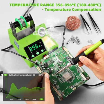 Soldering Station, 100W Digital Display Soldering Iron Station Kit with 2 Helping Hands, 356°F - 896°F, Auto Sleep, °C/°F Conversion, Solder Wire, Tips, Stand, Pump, Tweezers, Tip Cleaner, Green
