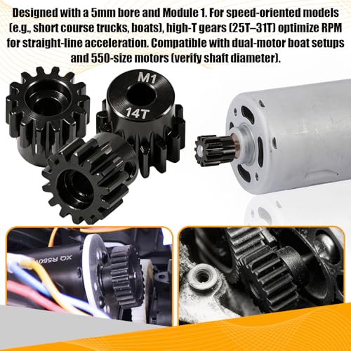 M1 Gear 14T 5mm Bore 3-Pack – High-Precision Hardened Steel Motor Pinion Gear for 1/8 1/10 RC Crawler, Monster Truck, Short Course Truck & Boat (Compatible with Traxxas Axial, FMS, HSP Redcat Losi) - style: M1 3Pcs 14T