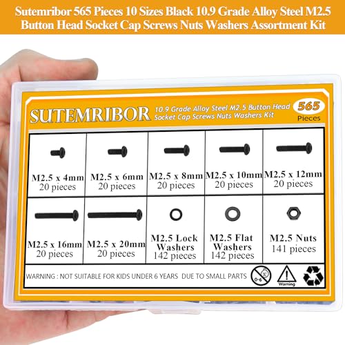 565 Pieces M2.5 Screws Nuts Washers Set Black, Sutemribor M2.5 x 4/6/8/10/12/16/20mm Button Head Socket Cap Screws Nuts Washers Assortment Kit, 10.9 Grade Alloy Steel, Fully Threaded - size: M2.5, style: Button Head Socket Cap