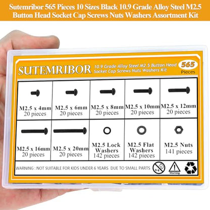 565 Pieces M2.5 Screws Nuts Washers Set Black, Sutemribor M2.5 x 4/6/8/10/12/16/20mm Button Head Socket Cap Screws Nuts Washers Assortment Kit, 10.9 Grade Alloy Steel, Fully Threaded - size: M2.5, style: Button Head Socket Cap