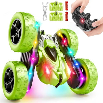 Remote Control Stunt Car – 4WD 360° Flip Double‑Sided RC Car LED Light Bar & Modular USB‑C Battery, 2.4 GHz Off‑Road Toy, Birthday for Boys Girls Ages 6‑12, Green - color: Green