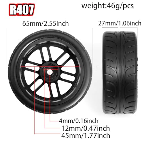 1/10 On Road Tires and Aluminum Wheels 12mm Hex RC Rally Racing Tyres OD 2.56" for Tamiya TT01 TT02 XV01 TA06 A959 PTG2 HPI KYOSHO PTG2 Traxxas 1:10 Street Touring Drift Car (Black) - color: Black