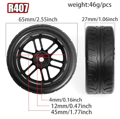 1/10 On Road Tires and Aluminum Wheels 12mm Hex RC Rally Racing Tyres OD 2.56" for Tamiya TT01 TT02 XV01 TA06 A959 PTG2 HPI KYOSHO PTG2 Traxxas 1:10 Street Touring Drift Car (Black) - color: Black