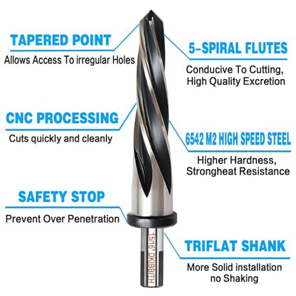 15/16" Bridge Construction Reamer Drill Bit, M2 HSS Taper Chucking Reamer for Steel Alloy Metal Wood Plastic, 1/2" Non-Slip Shank, 5-Spiral Flutes Car Reamer, to Align or Enlarge Holes, 24mm - size: 15/16"