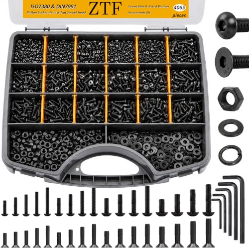 ZTF 4065pcs Metric Screw Assortment Kit, M2 M3 M4 M5 Assorted Screws | Hex Button&Flat Head Nuts and Bolts Assortment Kit with Washers&Wrench. Machine Screws for DIY, Electronic, 3D Printers - size: Flat+Button Head