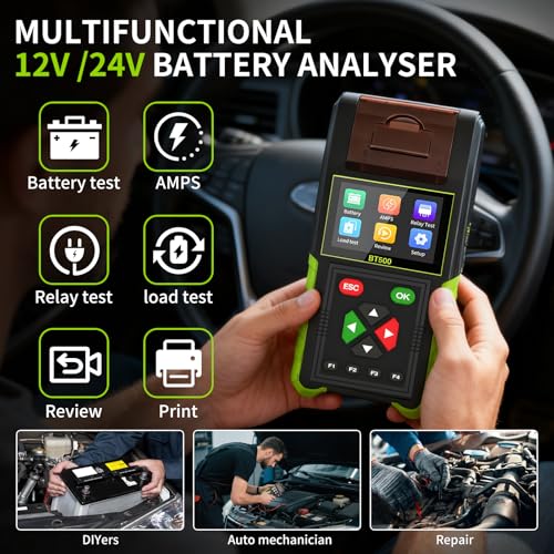 12V/24V Automotive Battery Tester & Relay Tester 20-2000CCA Load Tester | BT500 12V/24V Car Battery Tester, Relay Tester, Digital Battery Analyzer Charging Cranking System Test with Built-in Printer