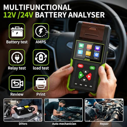 12V/24V Automotive Battery Tester & Relay Tester 20-2000CCA Load Tester | BT500 12V/24V Car Battery Tester, Relay Tester, Digital Battery Analyzer Charging Cranking System Test with Built-in Printer