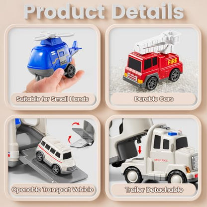 JUKUDAHU 5-in 1 Play Ambulance Toy Vehicle Toddler Truck Toys for 3 4 5 6 7 Year Old Boys - Friction Powered Cars with Light and Sound, Police Car, Fire Truck, Ambulance Car, Birthday Gifts for Kids - style: 5 IN 1 Ambulance Truck