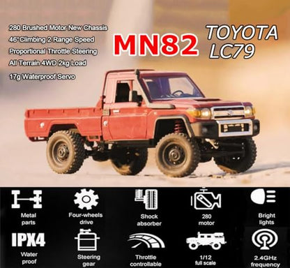 RC Rock Crawler RC Truck 4x4 Toyota LC79 MN82 RC Crawler 1/12 Scale | Remote Control Pickup Off Road All Terrain 280 Motor Proportional Throttle Steering RTR Hobby Toy Adult