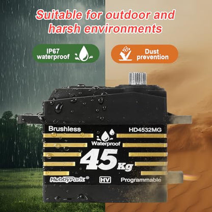 HobbyPark Waterproof 45KG High Torque Servo Motor 8.4V HV RC Servo Brushless Metal Gear Digital Servo with 25T Servo Horn for 1/8 1/10 1/12 RC Crawler RC Truck RC Car Robot DIY Control Angle 180°