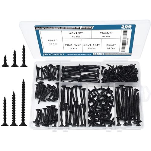 JEGONFRI 209PCS Black Wood Screw Assortment Kit, 6 Sizes Flat Head Phillips | Great for Home Improvement, Sturdy Steel, Rustproof, Handy Storage Case, Sizes: 2",1-1/2",1-1/4",1",3/4",1/2" - style: 209 Black Screws