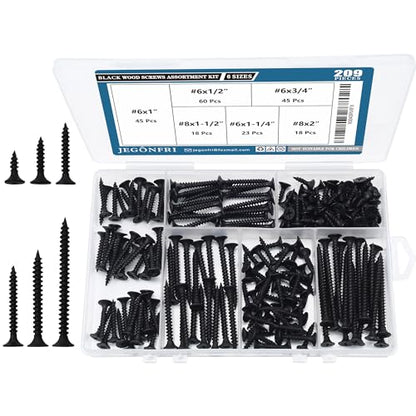 JEGONFRI 209PCS Black Wood Screw Assortment Kit, 6 Sizes Flat Head Phillips | Great for Home Improvement, Sturdy Steel, Rustproof, Handy Storage Case, Sizes: 2",1-1/2",1-1/4",1",3/4",1/2" - style: 209 Black Screws