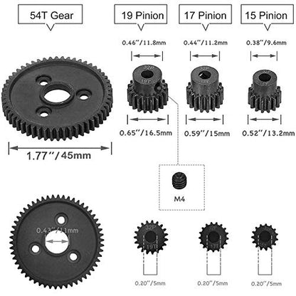 Globact 54T 0.8 32 Pitch Metal Steel 3956 Spur Gear with 15T/17T/19T Pinions Gear Set for Traxxas Slash 4x4 4WD/2WD VXL Rally VXL Stampede 4x4 1/10 Summit 1/10 E-REVO Parts | 0.8M Steel Spur Gear and 15T 17T 19T Pinion Gear for Traxxas Slash 4x4/2WD Rally