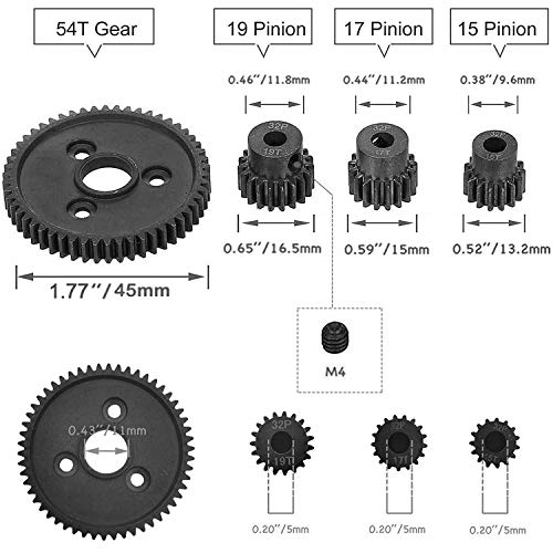 Globact 54T 0.8 32 Pitch Metal Steel 3956 Spur Gear with 15T/17T/19T Pinions Gear Set for Traxxas Slash 4x4 4WD/2WD VXL Rally VXL Stampede 4x4 1/10 Summit 1/10 E-REVO Parts | 0.8M Steel Spur Gear and 15T 17T 19T Pinion Gear for Traxxas Slash 4x4/2WD Rally