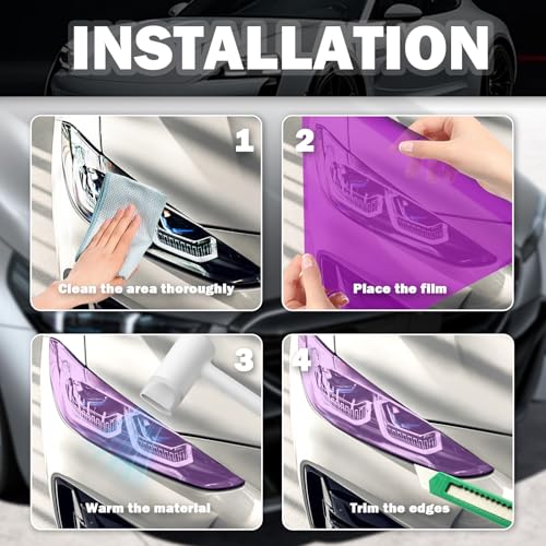 12×47" Car Headlight Tint Film,Cuttable Taillight Tint Film Kit with Squeegee & Cutter,Waterproof Tail Light Tints Films Car Exterior Accessories for Headlights Fog Lights Tail Lights (Purple) - color: Purple