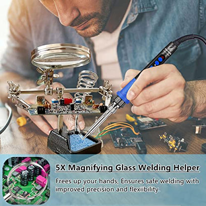 Soldering Iron Kit, 100W High-Power LCD Digital Soldering Iron, Circuit Board Repair Soldering Kit with Magnifying Glass Helping Hands, Adjustable Temperature Solder Welding Tools - color: Blue (12-in-1 Soldering Iron Kit)