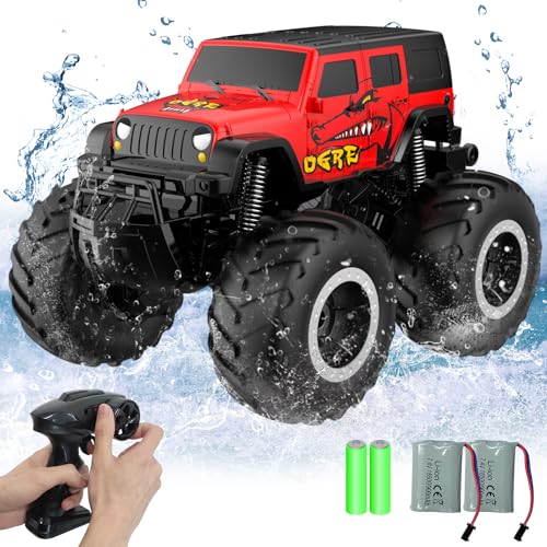 STEMTRON Amphibious Remote Control Car 1:16 All Terrain RC Monster Truck | 2.4GHz, 360° Spin, Double-Sided Water Driving, Pool & Beach Off-Road RC Car Toy, Gift for Kids - color: Red Suv, size: 1:16 Scale