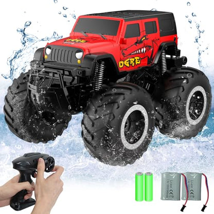 STEMTRON Amphibious Remote Control Car 1:16 All Terrain RC Monster Truck | 2.4GHz, 360° Spin, Double-Sided Water Driving, Pool & Beach Off-Road RC Car Toy, Gift for Kids - color: Red Suv, size: 1:16 Scale