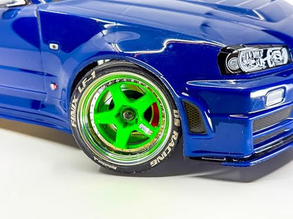 2PCS 1/10 RC Drift Element Rims Wheels, 5-Spoke, Adjustable Offset, Compatible with Yokomo YD MD RD, MST RMX, Reve D RDX, Redcat RDS, HPI, Tamiya TT, & More (Flu Green w/Chrome Lip)
