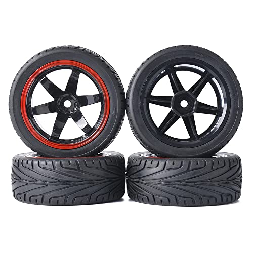 4PCS RC Car Rubber Tires and Plastic Wheels Rims Compatible with 1/10 Scale On Road Touring Racing Flat Drift Car for HSP HPI Tamiya(Black/Red) - color: Black/Red