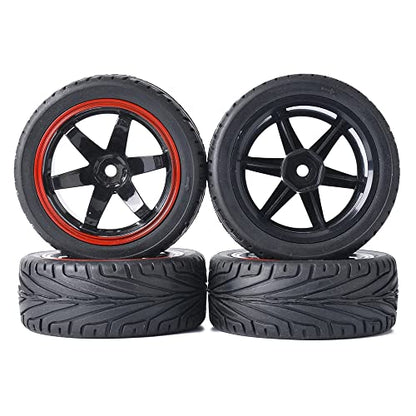 4PCS RC Car Rubber Tires and Plastic Wheels Rims Compatible with 1/10 Scale On Road Touring Racing Flat Drift Car for HSP HPI Tamiya(Black/Red) - color: Black/Red