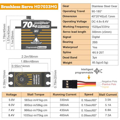 HobbyPark Waterproof RC Servo High Torque Brushless Motor Metal Gear Digital Servo Aluminum Case for 1/8 1/10 RC Crawler SCX10 TRX4 RC Truck Car Buggy RC Basher Control Angle 180° HV (70kg Torque)