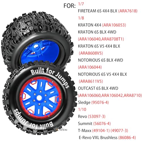 RC Wheels and Tires Set(4PCS) for 1/8 1/10 Monster Truck Tires,1/8 Traxx as/Arrm a 6S/Summi t/ERveo/Redc at/HPI JLB Cheetah RC Off-Road etc,17mm Hex Tire and Wheels/Plastic Rims,Red and Blue - color: Red and Navy Blue-(wheels Tires)