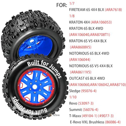 RC Wheels and Tires Set(4PCS) for 1/8 1/10 Monster Truck Tires,1/8 Traxx as/Arrm a 6S/Summi t/ERveo/Redc at/HPI JLB Cheetah RC Off-Road etc,17mm Hex Tire and Wheels/Plastic Rims,Red and Blue - color: Red and Navy Blue-(wheels Tires)