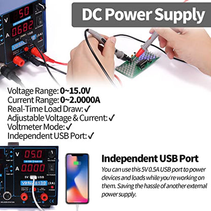 YIHUA 853D 2A USB SMD Hot Air Rework Soldering Iron Station, DC Power Supply 0-15V 0-2A with 5V USB Charging Port and 35 Volt DC Voltage Test Meter