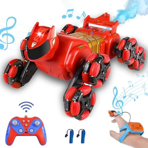 Remote Control Car, Gesture Sensing RC Stunt Car, 8WD Transform Robotdog Climbing Toys with Spary and Light, 360° Rotating, 2.4GHz 8 Wheels RC Cars with 2 Batteries (Red) - color: Red, size: 2 Batteries