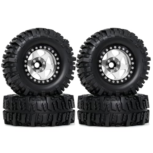 REDSPIDER 4PCS 1.9" RC Crawler Tires Mud Slingers (OD 95mm/3.75") & Beadlock Wheels, Deep Dish -10.4mm Negative Offset Rim for 1/12 MJX H12Y, MN128, MN82S, LC79 (Silvery) - color: Silvery