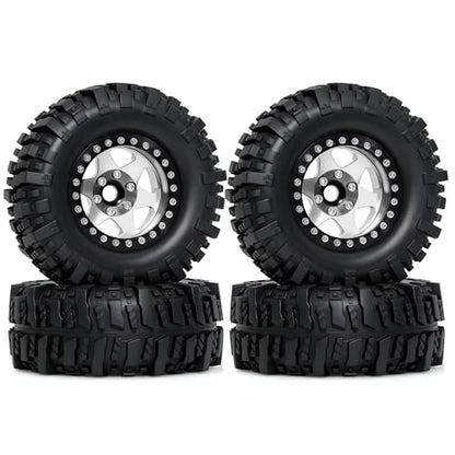 REDSPIDER 4PCS 1.9" RC Crawler Tires Mud Slingers (OD 95mm/3.75") & Beadlock Wheels, Deep Dish -10.4mm Negative Offset Rim for 1/12 MJX H12Y, MN128, MN82S, LC79 (Silvery) - color: Silvery