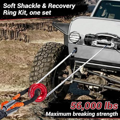 Soft Shackle & Recovery Ring Set 2pcs 1/2"x22" Synthetic Winch Rope 56,000lbs Breaking Strength, 1pcs Snatch Ring for ATV UTV SUV Truck Offroad Vehicle Orange - size: Orange Shackles+ Red Ring