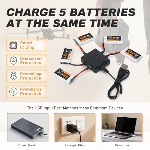 3.7V Lipo Battery 450mAh High Capacity 25C RC Molex Drone Battery with 5-in-1 Charger for SYMA Q11 AT-96 TR-C385 TR-P51 TR-F22 H99W H31 H6C H98 Holy Stone HS170G HS170 HS170C HS230 Quadcopter