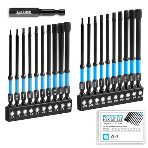 Allen Wrench Drill Bit Set-20PCS 4" Metric & SAE, S2 Steel Impact Bits | Allen Hex Bit Set, 1/4" Hex Shank, CNC Machined Tips, Storage Case, for Impact & Home Auto