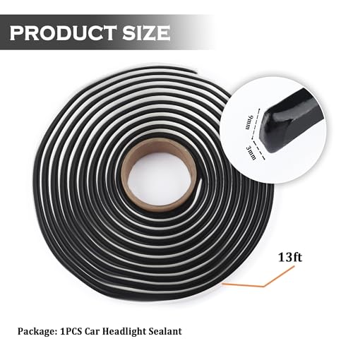 13FT Car Headlight Sealant Butyl Tape,Butyl Rubber Sealant Blocks Dust Water Noise,Universal Butyl Sealant Tape Car Accessories for Car Headlights Taillights Windshield Doors (13Ft x 9mm x 3mm)