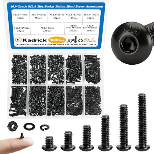 KADRICK 1000PCS M2.5 Screw Kit,Hex Socket Button Head Screw,Length 4MM-20MM | M2.5 Machine Screws with Nuts Flat & Lock Washers, Class 10.9 Alloy Steel,Suit for 3D Printing - size: M2.5 1000Pcs 4-20mm