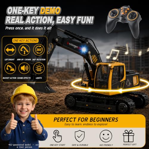 kolegend 1:18 Scale RC Excavator Toy with Metal Shovel, 11 Channels Remote Control Construction Truck, Real Digging on Dirt & Sand 2 Rechargeable Batteries Gift for Boys Girls Kids 6-12 Years Old - color: Black