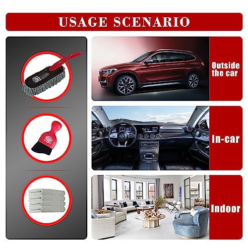 Car Interior Detailing Kit - Red Duster & Brush, Towel | Sweeps dash & vents. Soft fleece cloth absorbs dirt scratch-free. Perfect auto care gift box for narrow gaps & buttons. - color: Detailingbrushset2024