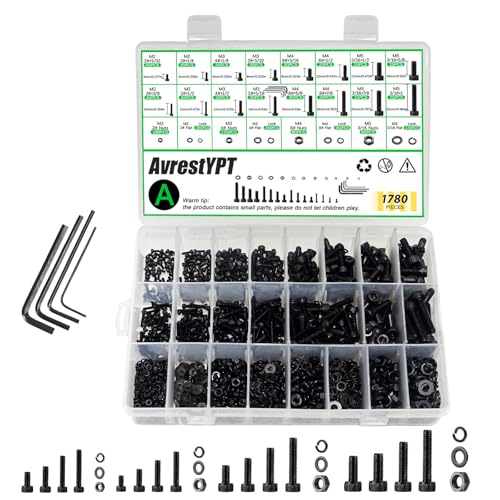 1780 Pcs M2 M4 M5 M3 Screws Set, Metric Bolt Assortment Kit, Metric Machine Screw Assortment Kit, Alloy Steel Black Bolts and Nuts Kits with Washers Set, Hex Socket Head Cap Screws Kit - size: M2/M4/M5mm-1780Pcs